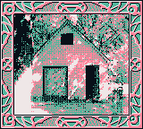 Gameboy Camera photo of a simple house, but with a SCARY color palette!! OoOOoO